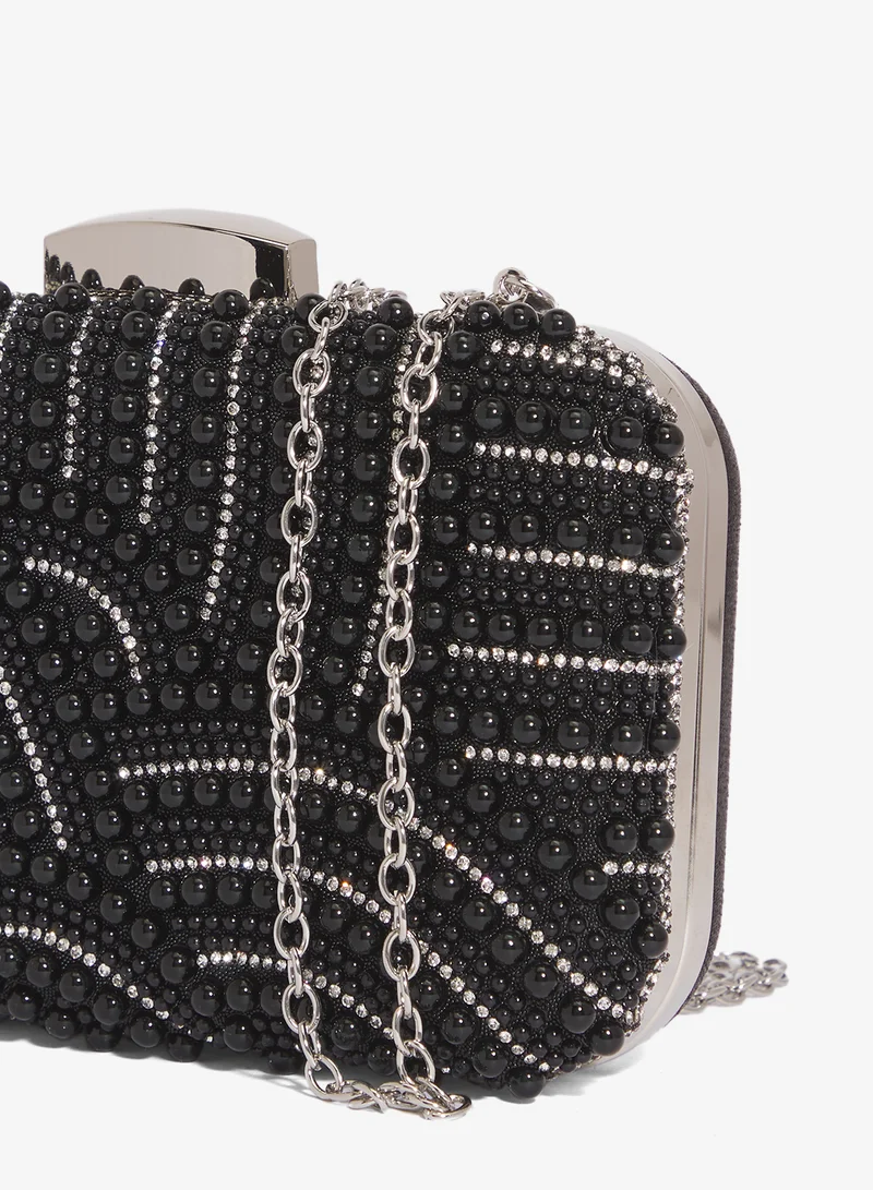 Khizana Black pearl detailed embellished black accent clutch for Women | Best Price UAE